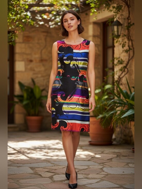 Trina Turk Dresses & Skirts - Trina Turk Sleeveless Multicolor Stripe & Swirl Shift Dress, Size 10